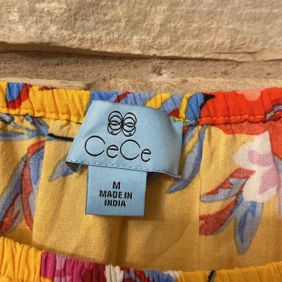 Cece Yellow Multi Gathered Tie Waist Floral 3/4 Sleeve Off Shoulder Top Sz M - Picture 5 of 7